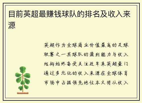 目前英超最赚钱球队的排名及收入来源