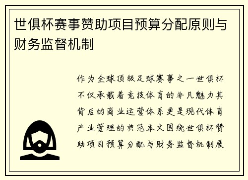 世俱杯赛事赞助项目预算分配原则与财务监督机制